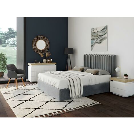 Cama 140 x 190 cm con cabecero acolchado - Tela - Gris + colchón - FUNITI -  Vente-unique