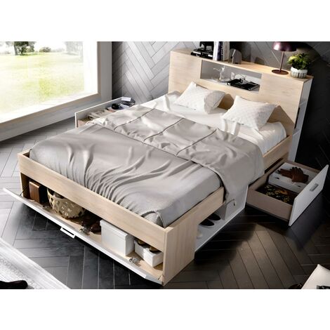 Cama 120 x 190 cm con cabecero con compartimentos en natural y antracita +  somier - LEANDRE