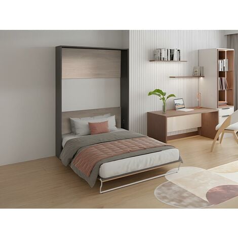 Cama abatible vertical 140 x 200 cm - Apertura manual - Blanco + colchón -  MALINA II - Vente-unique