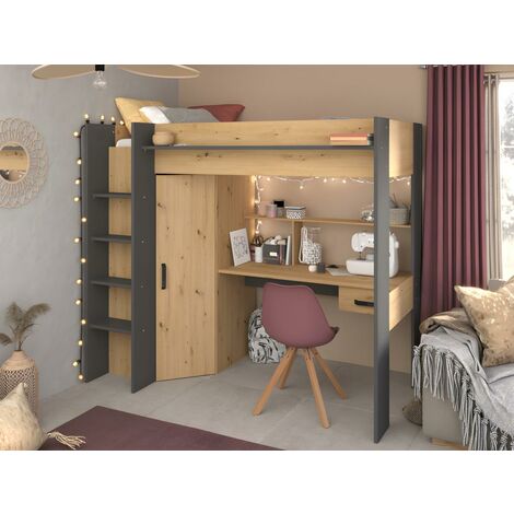Cama alta AUCKLAND con escritorio y armario - 90 x 200 cm - roble y antracita + colchón - Vente-unique