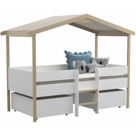 Cama infantil blanca con 2 cajones y un arcón mesa de centro 90 x 190 cm  LOUANE