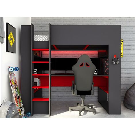 Cama alta gamer con escritorio y compartimentos 90 x 200 cm con LEDs gris y  rojo NOAH