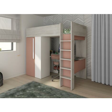 Cama alta 90 x 200 cm - con armario y escritorio - Rosa y blanco - NICOLAS - Vente-unique