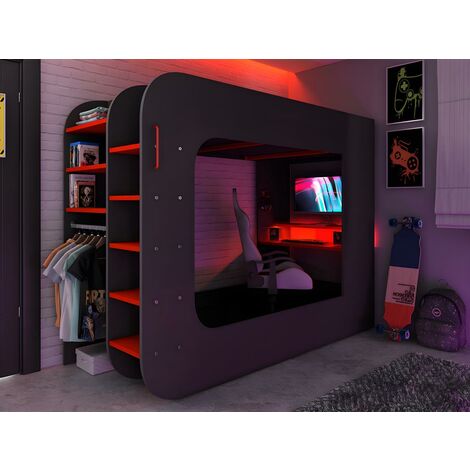 Cama nido gamer 2 x 90 x 200 con escritorio y LEDs antracita y rojo +  somier VOUANI