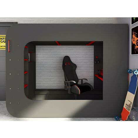 Cama alta gamer escritorio y compartimentos 90x200 cm LEDs gris y rojo con  colchón NOAH