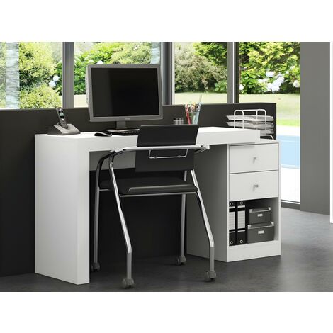Vente-unique - escritorio rinconera Declan II - MDF - 3 cajones y 2 estantes - Color: Blanco y roble Color Natural claro, Blanco