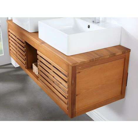 Mueble de baño suspendido de madera de acacia con doble lavabo y espejos -  130 cm - PENEBEL 