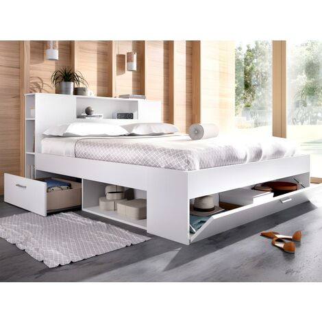 Cama con cabecero con compartimentos y cajones 140 x 190 cm - Color: blanco  + Somier - FLORIAN 