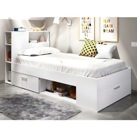 Cama con cabecero y cajón - 90 x 190 cm - Blanco + colchón +