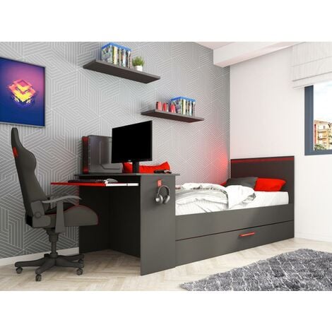 Cama nido gamer 90 x 200 et 90 x 190 cm - Con escritorio - LEDs - Antracita  y