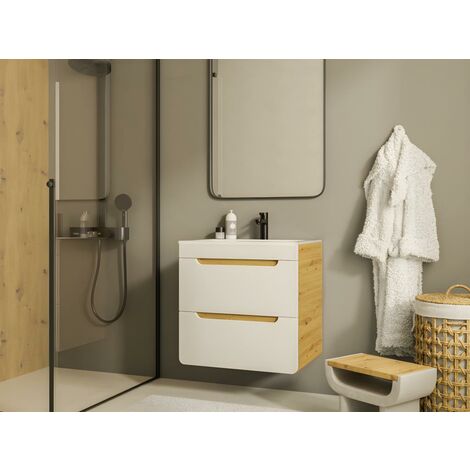 Armario de baño para colgar ARUBA, armario auxiliar bajo, color blanco  brillo/roble