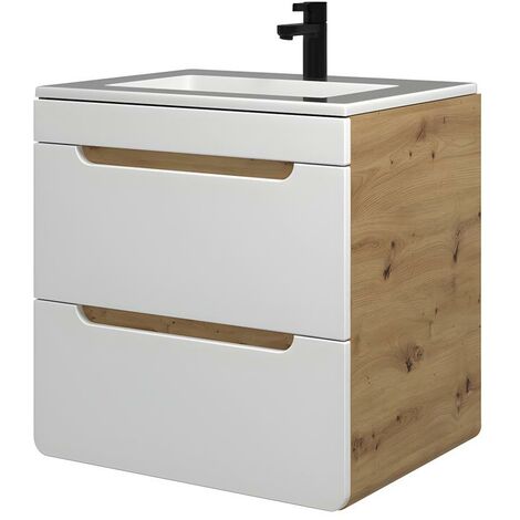 Mueble de baño flotante chapado en roble con lavabo encastrable,60 cm,  MESLIVA