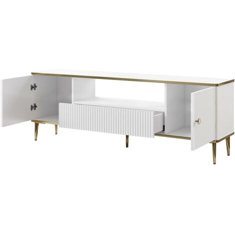 Mueble TV con 2 puertas, 2 cajones y 2 estantes de MDF y acero - Negro y  dorado - EVILANA