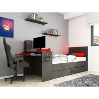 Cama nido gamer 2 x 90 x 200 con escritorio y LEDs antracita y rojo +  somier VOUANI