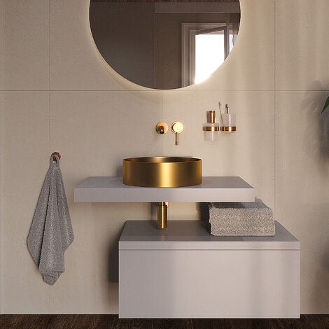 Swiss Aqua Technologies Aurum Aufsatzwaschbecken aus gebürstetem Edelstahl 38 x 38 x 11 cm ohne Überlauf, Gold + Ablaufgarnitur (SATAUR3838BG)