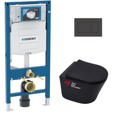 WC-Paket Geberit UP320 Wandhalterung + WC SAT Infinitio mattschwarz ohne Flansch + Softclose-Sitz + Schwarze Platte
