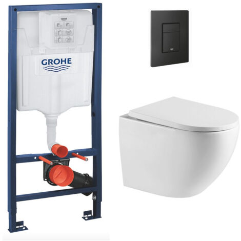 Grohe Rapid SL Pack Trägerrahmen + spülrandlose SAT-Toilette + SoftClose-Sitz + mattschwarze Platte (RapidSL-FusionTQ-KF0)