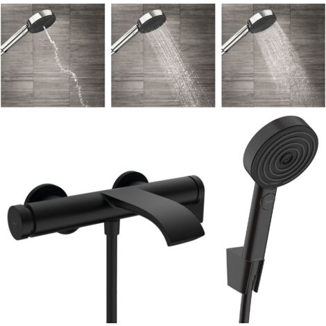 Hansgrohe Vivenis Pulsify Set Wannenbatterie, Wasserfallauslauf + Handbrause mit 3 Strahlarten inkl. Halter und Schlauch