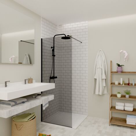 Swiss Aqua Technologies Walk-in 80x200cm Wand aus Rauchglas 8 mm Antikalk, mit mattschwarzen Armen und Profilen (SATBWI80KSPRC) (1/4)