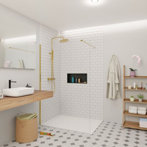 Swiss Aqua Technologies Walk-in 130x200cm Glaswand aus Crystal Glass® 8 mm Antikalk-Glas, mit Armen und Profilen in Gold (SATBWI130PRZ) (1/3)