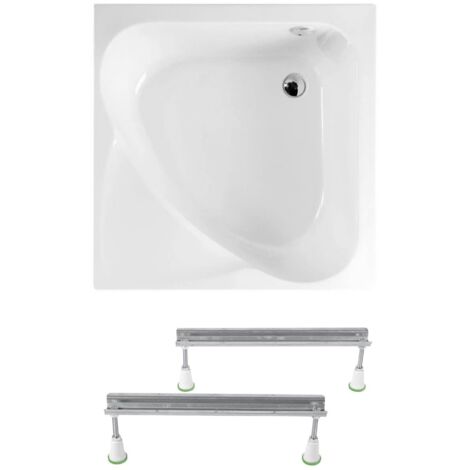 Polysan Carmen 90x90 cm Platzsparende Eckbadewanne 95 L aus Acryl, mit Füßen, rechtsweisend, weiß (29611-SET)