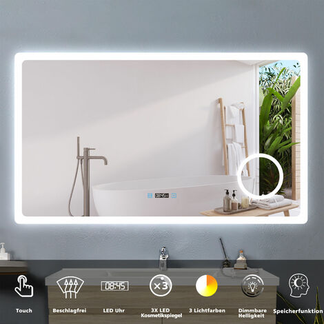 Badspiegel mit 3-fache Vergrerung, LED Badspiegel mit Beleuchtung, 3 Lichtfarben Dimmbar, Touch, Uhr, LED Memory Funktion 140 x 80 cm