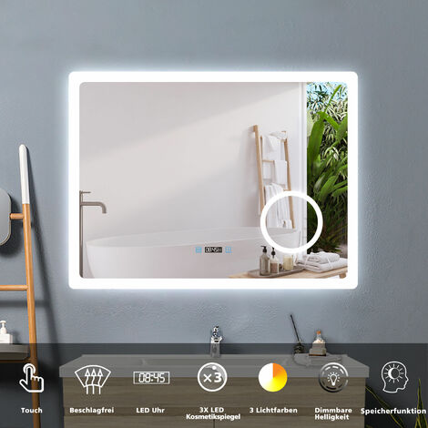 Badspiegel mit 3-fache Vergrerung, LED Badspiegel mit Beleuchtung, 3 Lichtfarben Dimmbar, Touch, Uhr, LED Memory Funktion 80 x 60 cm