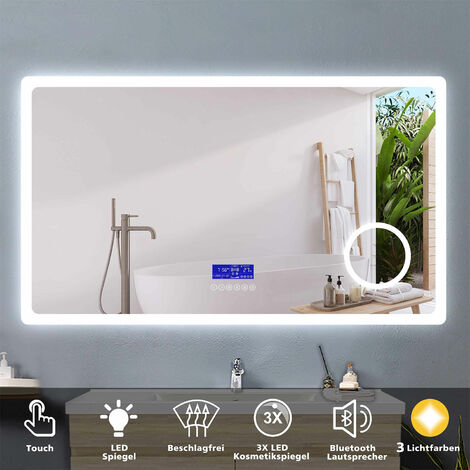 160 x 80 cm LED Spiegel+Beschlagfrei+Bluetooth+3 Lichtfarben Dimmbar+Kosmetikspiegel+Farbtemperatur und Helligkeit Memory Funktion