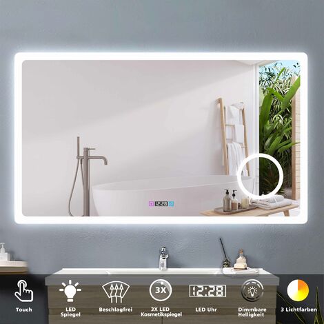 160 x 80 cm LED Spiegel+Beschlagfrei+Uhr+3 Lichtfarben Dimmbar+Kosmetikspiegel+Farbtemperatur und Helligkeit Memory Funktion