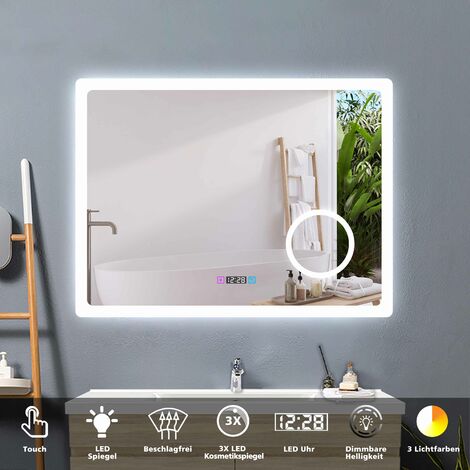 Badspiegel mit Beleuchtung Badezimmerspiegel Wandspiegel Lichtspiegel 80 x 60 cm Beschlagfrei Uhr 3 Lichtfarben Dimmbar Kosmetikspiegel LED Memory Funktion