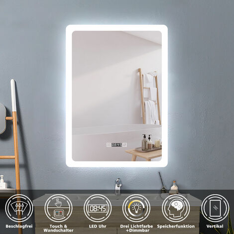 60 x 80 cm LED Spiegel+Beschlagfrei+Uhr+3 Lichtfarben Dimmbar+Farbtemperatur und Helligkeit Memory Funktion