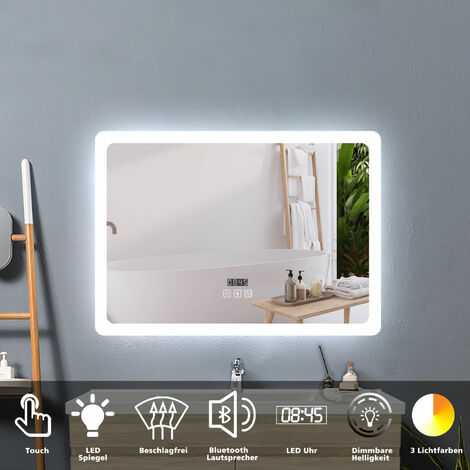 80 x 60 cm LED Spiegel+Beschlagfrei+Bluetooth+Uhr+3 Lichtfarben Dimmbar+Farbtemperatur und Helligkeit Memory Funktion