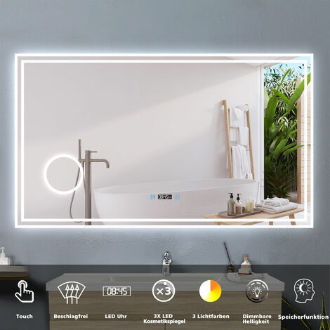 140 x 80 cm Beschlagfrei+3 Lichtfarben Dimmbar+Uhr+3x Vergrerung Schminkspiegel+LED Memory Funktion