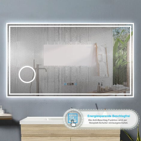 120 x 70 cm Beschlagfrei+3 Lichtfarben Dimmbar+Uhr+3x Vergrerung Schminkspiegel+LED Memory Funktion