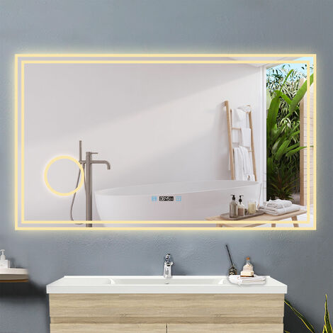 120 x 70 cm Beschlagfrei+3 Lichtfarben Dimmbar+Uhr+3x Vergrerung Schminkspiegel+LED Memory Funktion