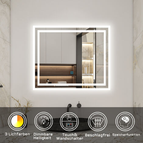 80 x 60 cm Beschlagfrei+3 Lichtfarben Dimmbar+LED Memory Funktion