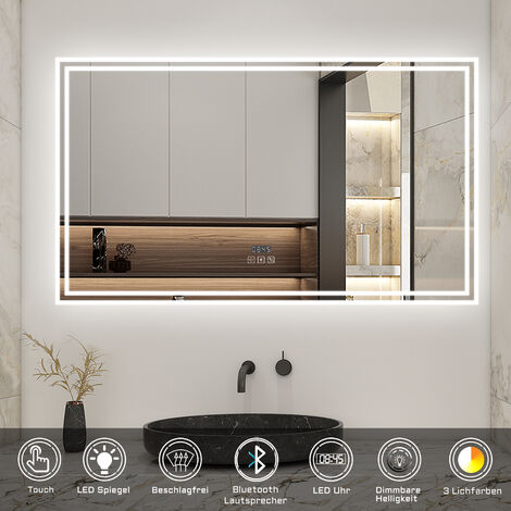 160 x 80 cm Beschlagfrei+3 Lichtfarben Dimmbar+Bluetooth+Uhr+LED Memory Funktion