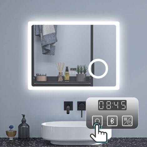 70 x 50 cm Badezimmerspiegel LED Badspiegel Wandspiegel Touch Beschlagfrei+Uhr+Bluetooth+Kosmetikspiegel+3 Farben Dimmbar+LED Memory Funktion