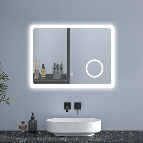 80 x 60 cm Badspiegel Wandspiegel Badezimmerspiegel LED Touch Beleuchtung  Beschlagfrei+Kosmetikspiegel+3 Farben