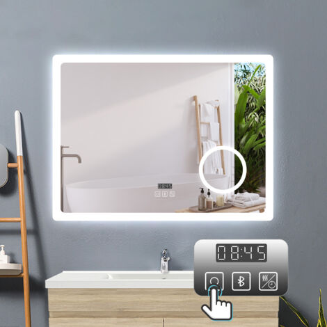 LED Badspiegel Wandspiegel Badezimmerspiegel Touch Beschlagfrei+Uhr+Bluetooth+Kosmetikspiegel+3 Farben Dimmbar+LED Memory Funktion 80 x 60 cm