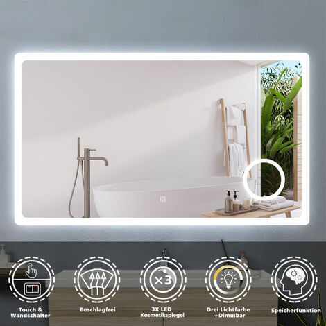 Badspiegel Wandspiegel LED Badezimmerspiegel Touch Beleuchtung Beschlagfrei+Kosmetikspiegel+3 Farben Dimmbar+LED Memory Funktion 120 x 70 cm