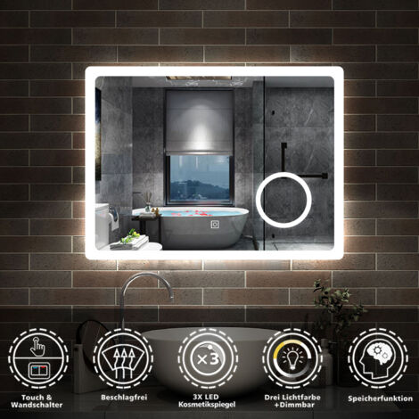 Badspiegel mit Beleuchtung Badezimmerspiegel Wandspiegel Anti-Beschlag Wasserdicht Wandmontagespiegel Lichtspiegel 80 x 60 cm Beschlagfrei+Kosmetikspiegel+3 Farben Dimmbar+LED Memory Funktion