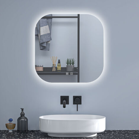 Badspiegel LED Touch Wandspiegel Quadrati Badezimmerspiegel Beleuchtung nur Kaltwei Einstellbare Helligkeit 50cm