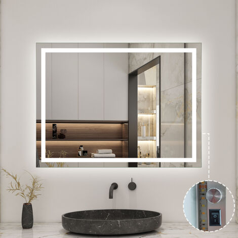 Badspiegel LED Wandspiegel Badezimmerspiegel Tastenschalter nur Kaltwei Einstellbare Helligkeit Antibeschlag 90x70cm