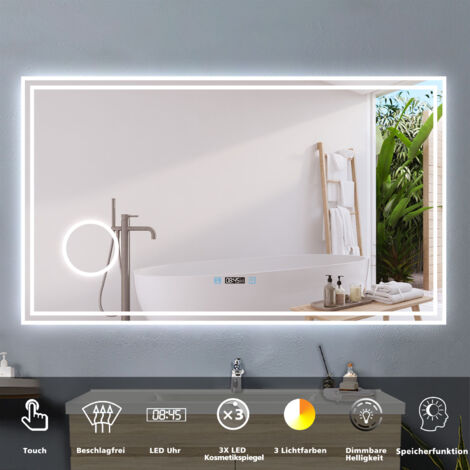 Touch Wandspiegel LED Badspiegel Lichtspiegel Spiegel Lichtspiegel Badezimmerspiegel Beschlagfrei+3 Lichtfarben Dimmbar+Uhr+3x Vergrerung Schminkspiegel+LED Memory Funktion 120 x 70 cm