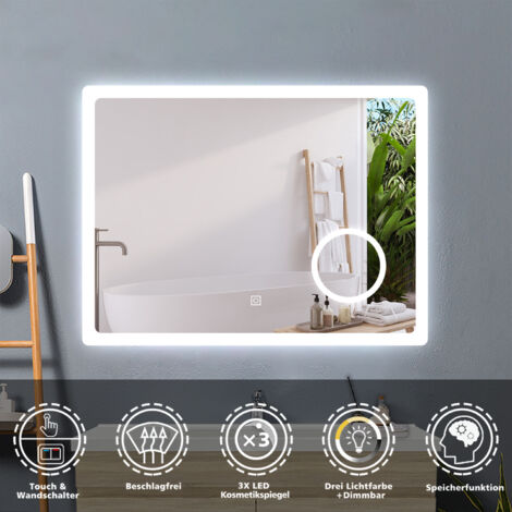 Badspiegel LED Badezimmerspiegel Wandspiegel Touch Beleuchtung Beschlagfrei+Kosmetikspiegel+3 Farben Dimmbar+LED Memory Funktion 80 x 60 cm
