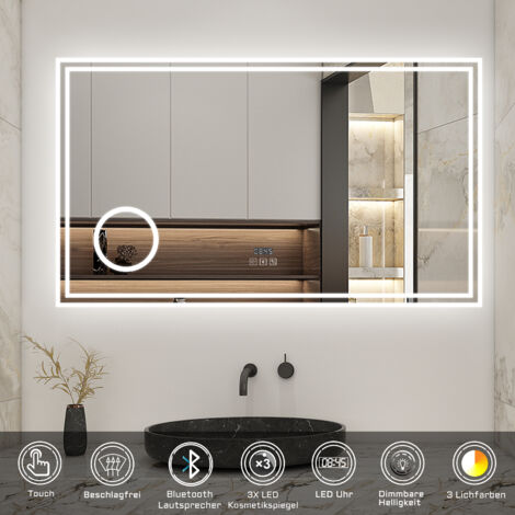 Wandspiegel Touch LED Badspiegel Lichtspiegel Spiegel Lichtspiegel Badezimmerspiegel mit Beschlagfrei+3 Lichtfarben Dimmbar+Bluetooth+Uhr+3x Vergrerung Schminkspiegel+LED Memory Funktion 140 x 80 cm