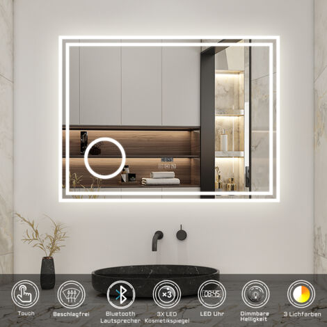 Wandspiegel Touch LED Badspiegel Lichtspiegel Spiegel Lichtspiegel Badezimmerspiegel mit Beschlagfrei+3 Lichtfarben Dimmbar+Bluetooth+Uhr+3x Vergrerung Schminkspiegel+LED Memory Funktion 80 x 60 cm
