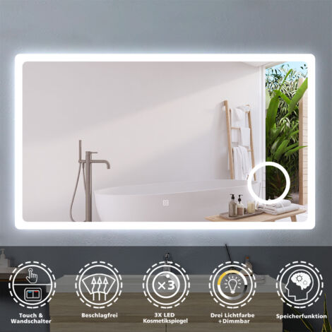 Badspiegel LED Badezimmerspiegel Wandspiegel Touch Beleuchtung Beschlagfrei+Kosmetikspiegel+3 Farben Dimmbar+LED Memory Funktion 120 x 70 cm