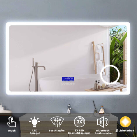 Badspiegel mit Beleuchtung Badezimmerspiegel Wandspiegel Lichtspiegel Beschlagfrei Bluetooth 3 Lichtfarben Dimmbar Kosmetikspiegel LED Memory Funktion 160 x 80 cm